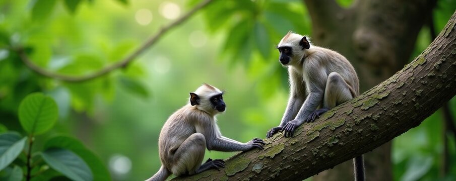 Purple-faced langurs in the jungle, resting on tree trunks, monkeys, nature, wildlife