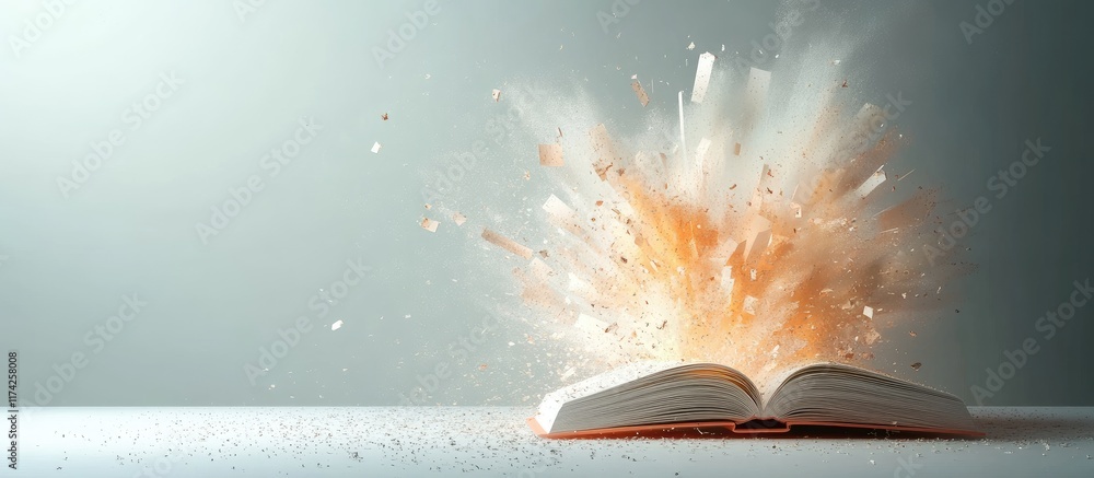 Poster 3d book explosion creative design for product promotion with clear copyspace for custom text and vis