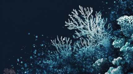 Obraz premium Coral Reef Illustration in Deep Aquamarine with Abstract Aquatic Elements and Bubbles for Underwater Themes and Designs