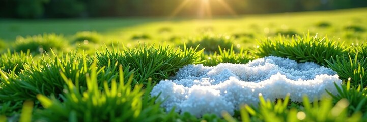 Softly glowing patches of melted snow on a green field, melt, sunlight