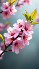 Obraz premium blooming cherry blossom branch with green leaves, tree, spring, branches