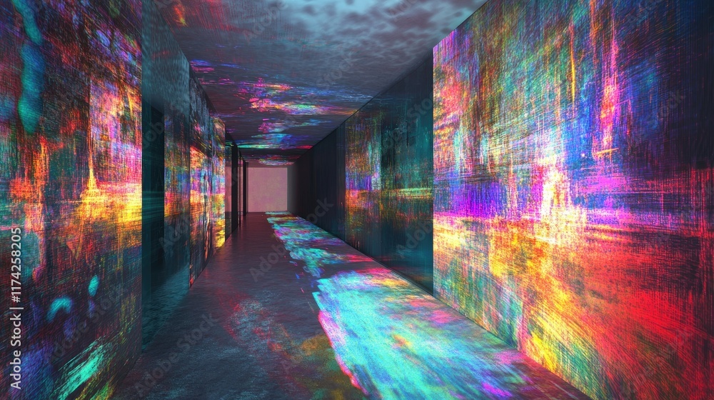 Poster Vibrant abstract corridor illuminated with colorful digital artifacts and virtual elements creating a surreal atmosphere