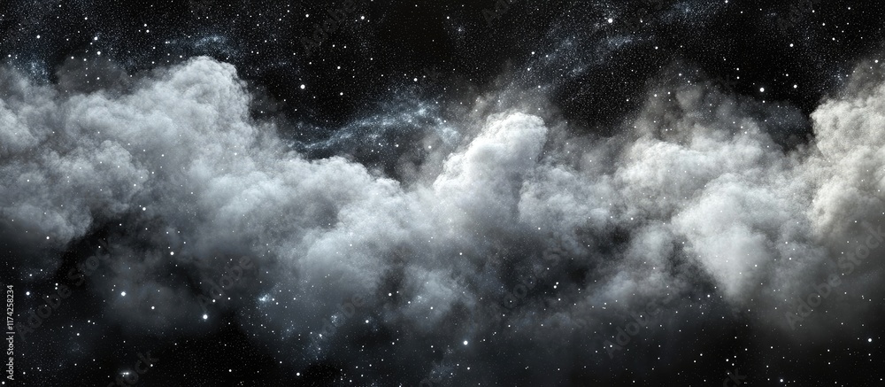 Poster fantasy cosmic space background with ethereal white clouds and dark starry sky ideal for text placem