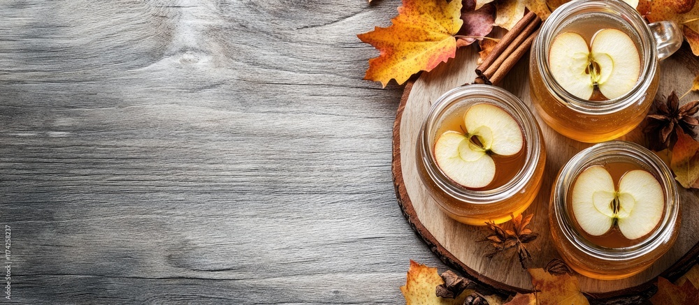 Poster joyful spiced cider in mason jars with apple slices and cinnamon sticks on wooden base surrounded by