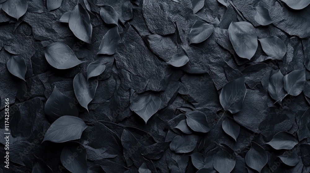 Poster textured black slate wall with floral leaf patterns and matte finish ideal as a background for moder