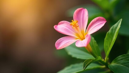 Fototapeta premium delicate pink flower petals gently touching the yellow stem with green leaves, nature, foliage, yellow