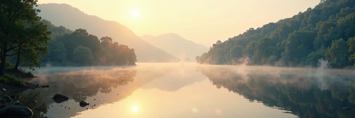 Gentle morning light pours over a serene lake, calm, soft light, serenity