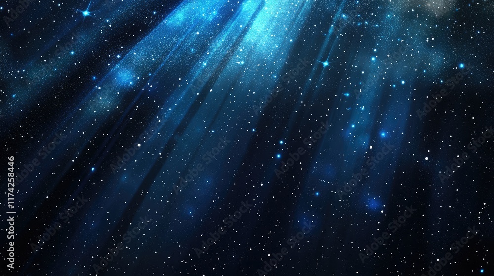 Poster Abstract cosmic backdrop featuring deep blue rays and twinkling stars creating a mystical celestial atmosphere for artistic design.