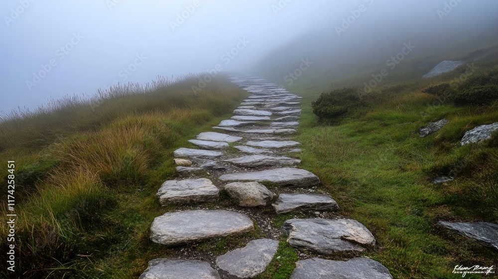 Poster A misty stone pathway through fog symbolizing a journey into the unknown with greenery on either side and a sense of mystery.