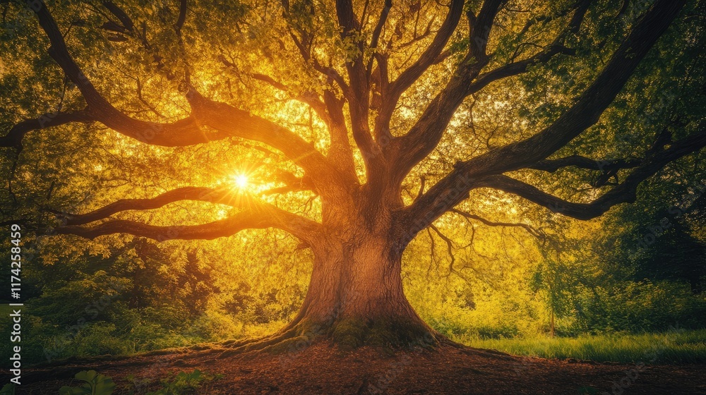 Poster majestic tree basking in golden sunlight on a serene morning creating a tranquil and inviting natura