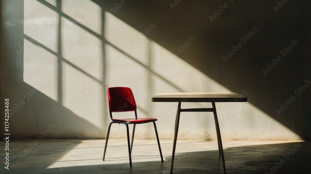Poster studio interior featuring a minimalistic wooden table and red chair casting shadows on a textured wa