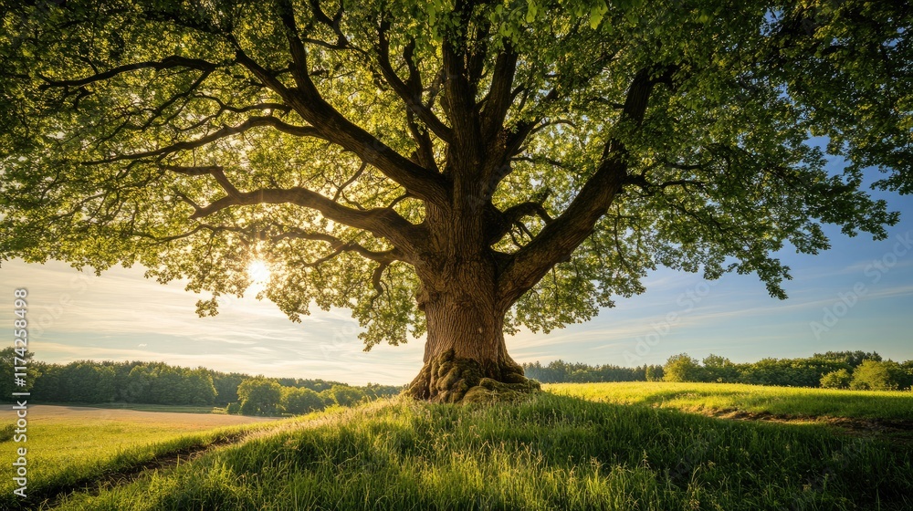 Aufkleber majestic old tree standing tall in a lush green field under a bright sky emphasizing the importance 