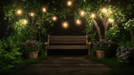 Obraz premium Serene Night Garden: A Wooden Bench Under String Lights