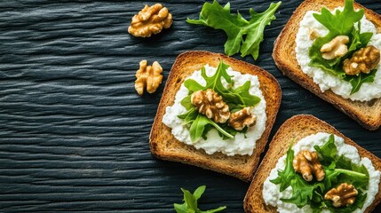 Open faced sandwich with ricotta cheese chicory salad and walnuts on toasted bread for a nutritious breakfast on a dark wooden surface
