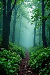 Fototapeta premium Overgrown path leads through a mist-shrouded forest, mist, secluded
