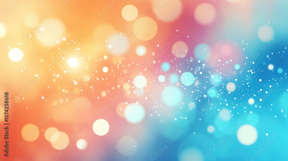 Poster Vibrant abstract cosmic background with planet light flare and colorful bokeh effects in azure, orange, pink and turquoise tones