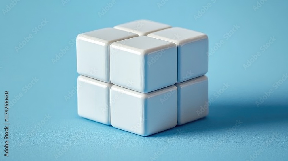 Poster minimalist 3d cube design with smooth white squares set against a soft blue background for stylish m