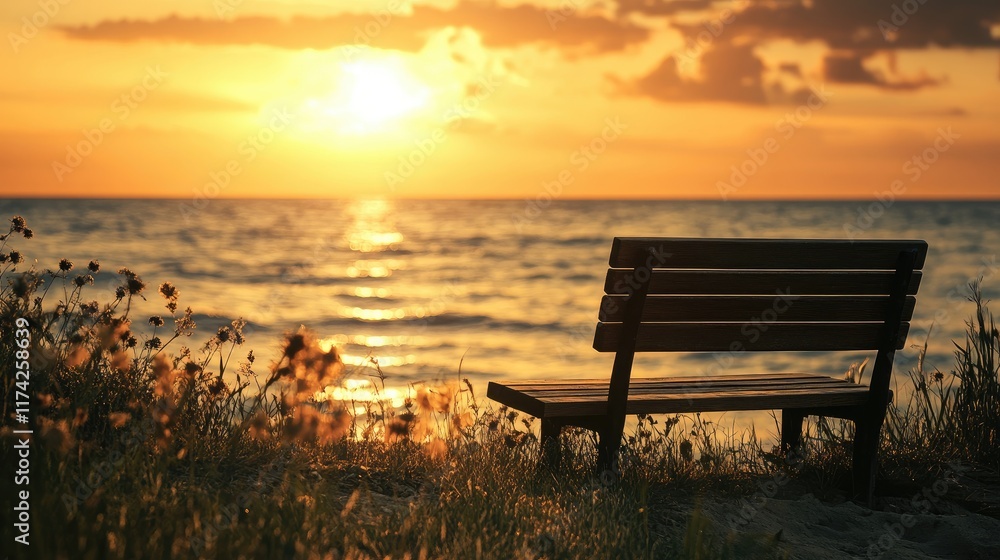 Poster serene seaside bench at sunset with waves and flowers creating a peaceful atmosphere for relaxation 