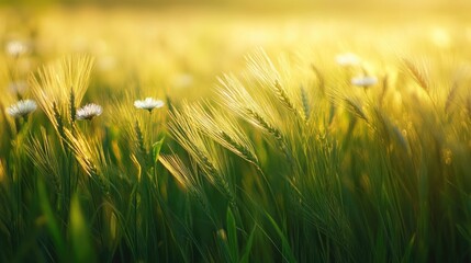 Golden summer meadow with wild wheat grass and blooming daisies under soft sunlight, creating a serene and tranquil natural landscape.