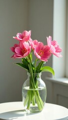 Fototapeta premium Glass vase filled with pink eustoma flowers and greenery, capturing soft natural light, , glass