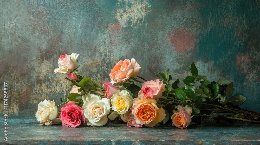Poster vibrant bouquet of assorted roses in soft colors arranged artistically on a textured background show