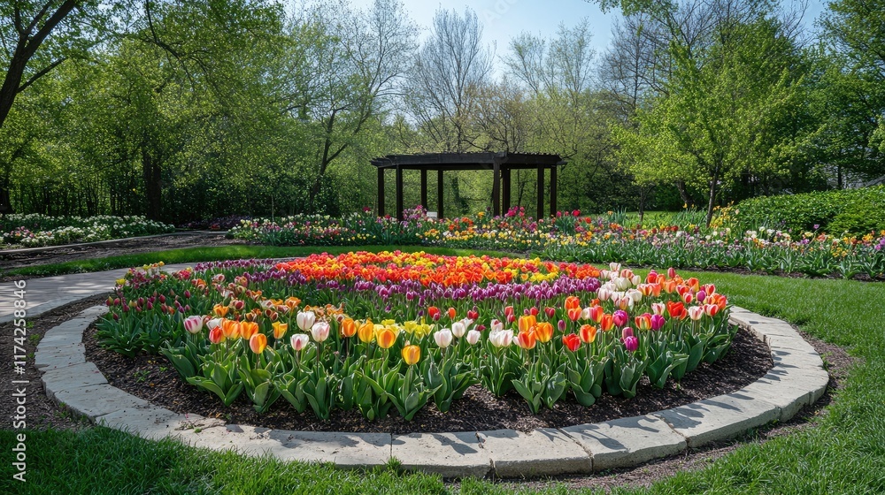 Aufkleber vibrant garden display featuring a circular bed of multicolored tulips surrounded by lush greenery a