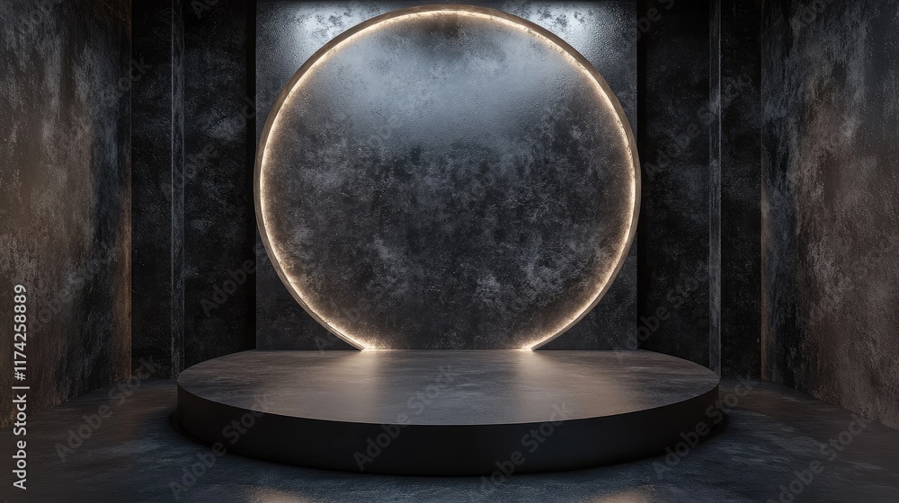 Poster 3d dark empty stage with circular backdrop featuring glowing rim for dramatic product display in a m