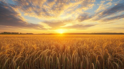 Obraz premium Golden wheat field under a vibrant sunset sky showcasing the beauty of rural landscapes and agricultural serenity.