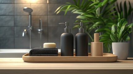 Elegant bathroom display with soap dispensers and accessories on a wooden tray surrounded by plants and soft lighting for a soothing ambiance