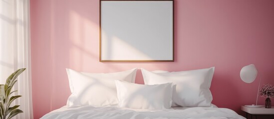 Feminine pink hotel room with white pillows and empty poster frame inviting personal touches and creative text additions