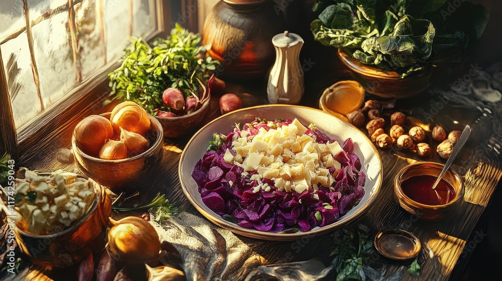 Poster beet salad with hazelnuts and cheese surrounded by fresh ingredients on rustic table
