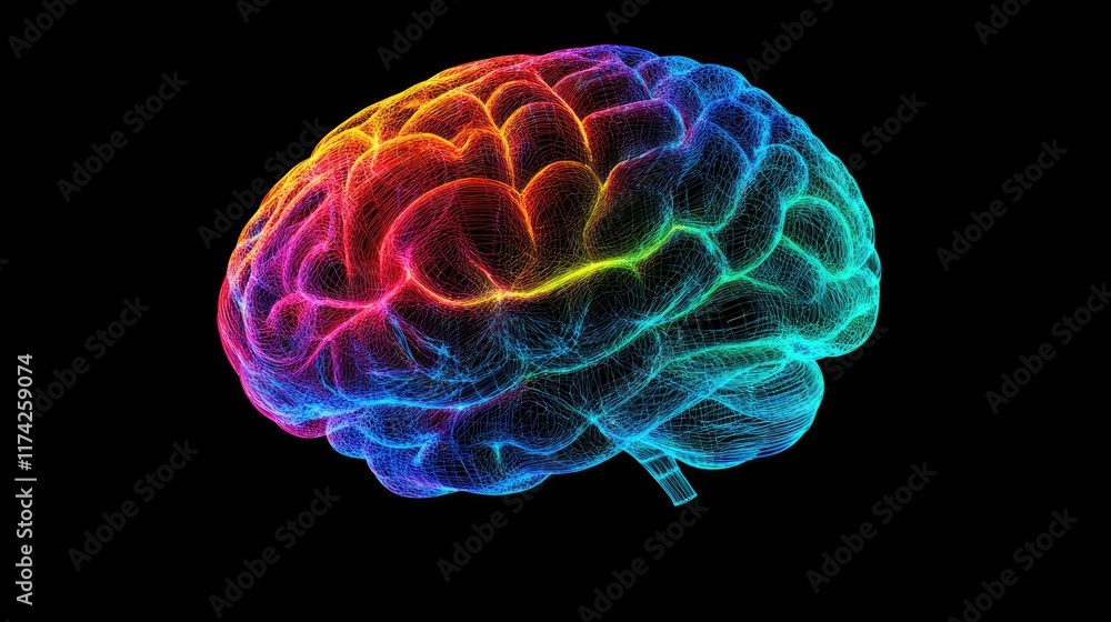 Poster 3d brain model with neon color waves representing neural networks and future medicine concepts in ne