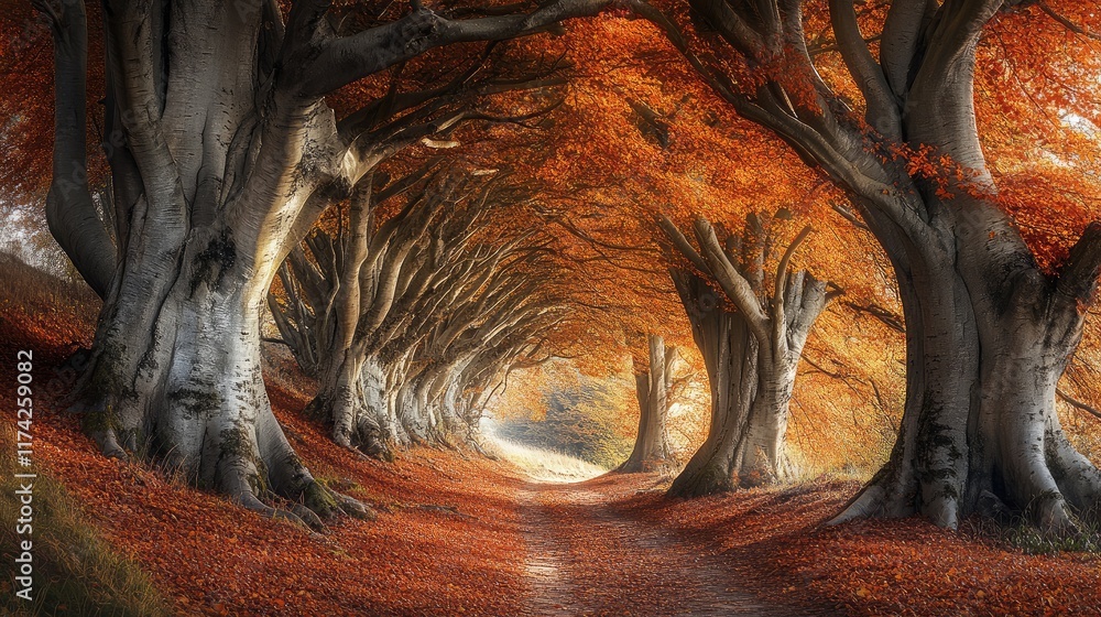 Aufkleber autumn pathway framed by majestic beech trees with vibrant reddish leaves creating a serene forest l
