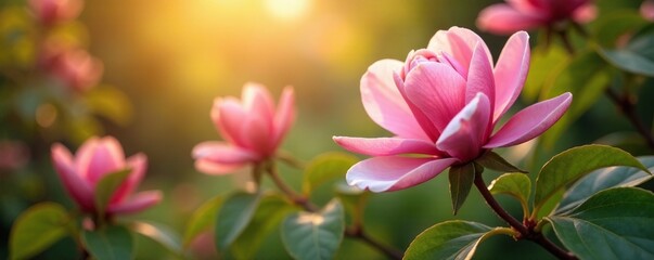 Blooming rose magnolia flowers in a lush garden with sunlight, sunlight, lush, warm