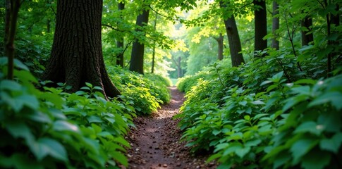 Fototapeta premium Dense foliage surrounds a narrow, winding path, woodland ambiance, serene atmosphere, earthy tones
