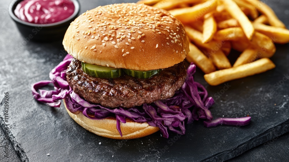 Poster delicious steak burger topped with pickled cucumber and purple cabbage served with crispy fries on a