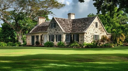 Colonial era stone house showcasing preserved architecture and historical charm set in a lush green landscape with trees and shadows.