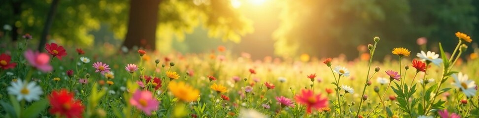 Soft morning light filters through wildflowers, soft focus, trees