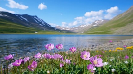 Obraz premium Scenic Landscape Featuring Wildflowers by a Serene Lake Surrounded by Mountains Under a Clear Blue Sky