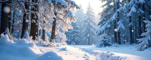 Softly falling snowflakes on a serene snowy forest, whiteout, snow