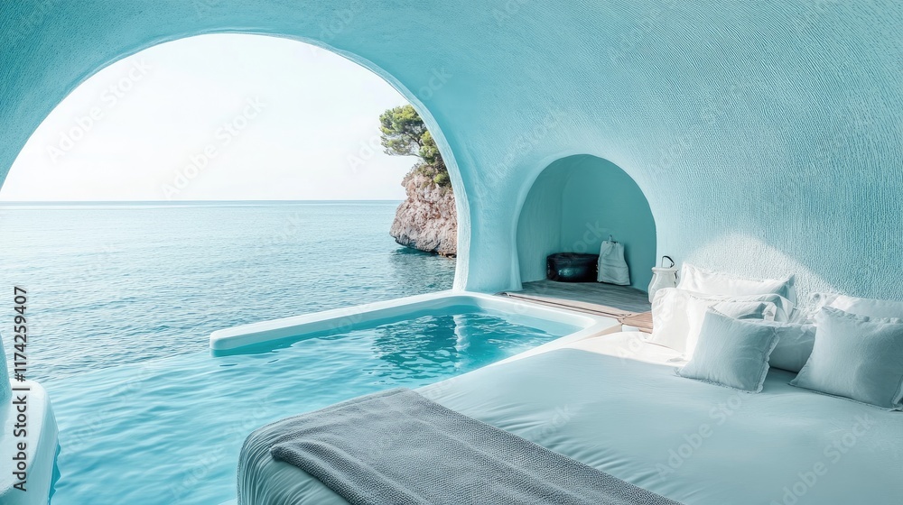 Poster Serene coastal retreat with stunning sea views and tranquil swimming pool in a modern architectural setting