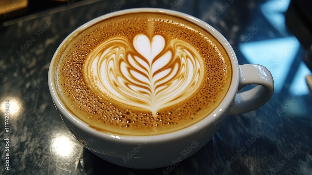 Aufkleber close-up view of a beautifully crafted cappuccino with latte art in a white cup on a textured surfac