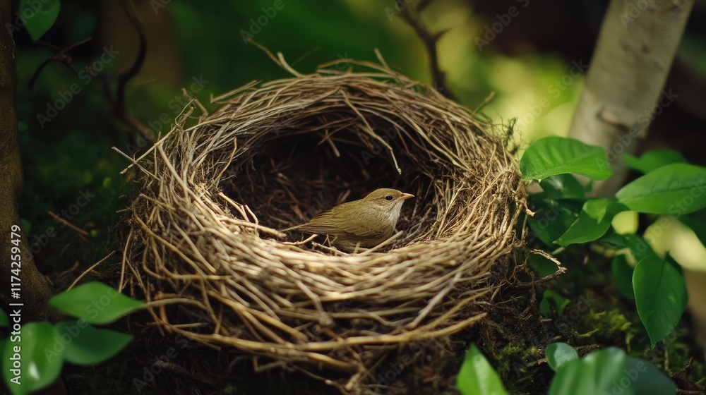 Poster bird nest with a small bird nestled inside surrounded by lush greenery in a natural setting showcasi