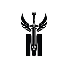 M wings logo, M sword logo design, sword and wings M design template, M angel logo, M sword vector design