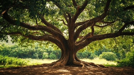 Naklejka premium Majestic tree with sprawling branches creating a serene natural landscape under dappled sunlight in lush green surroundings