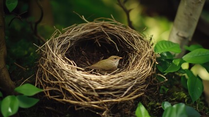 Bird nest with a small bird nestled inside surrounded by lush greenery in a natural setting showcasing wildlife and nature's beauty.