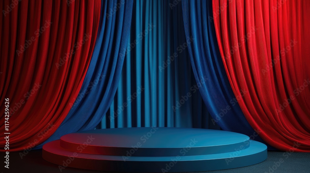 Poster minimalist 3d podium display with blue and red drapery background for product presentation or event 