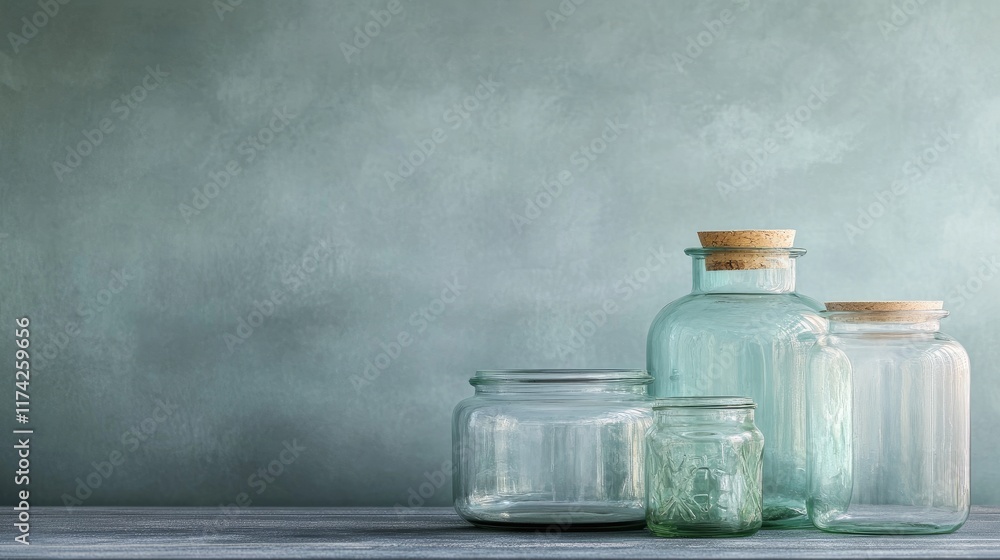 Poster Glass storage jars of various shapes and sizes arranged artistically on a wooden surface with a textured green backdrop in a studio setting