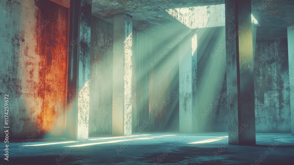 Leinwandbilder Abstract concrete space illuminated by dynamic light rays creating a dramatic and atmospheric environment for artistic concepts.