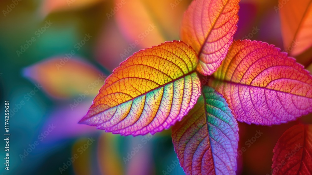 Poster Vibrant close-up of colorful leaves showcasing intricate texture and dynamic hues in a natural setting.